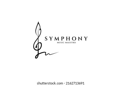 Musical note logo with quill ink shape. Symbols of songwriters, classical music, orchestral performances, legendary music and musicians.