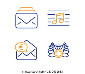 Musical note, Mail and Euro money icons simple set. Laureate medal sign. Music, New messages, Receive cash. Laurel wreath. Business set. Linear musical note icon. Colorful design set. Vector