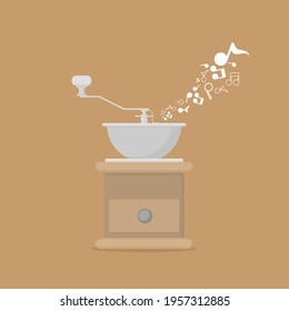 Musical note and manual coffee grinder flat vector design.