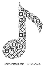 Musical Note mosaic of cog wheels. Vector gear wheel parts are combined into musical note mosaic.