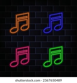 Musical note neon sign. Party, disco and advertising design. Glowing neon sign at night, colorful billboard, light banner. Vector illustration in neon style.. yellow, red, green, blue, pink and orange