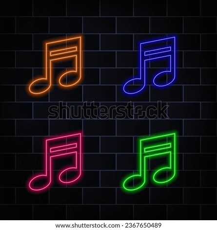 Musical note neon sign. Party, disco and advertising design. Glowing neon sign at night, colorful billboard, light banner. Vector illustration in neon style.. yellow, red, green, blue, pink and orange