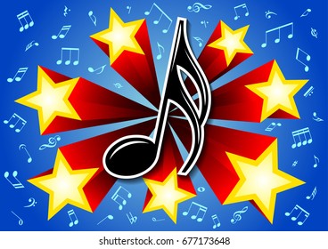 Musical note on the background of 7 stars and lots of notes in a vector