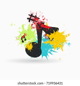 Musical note on background with color spots. Grunge vector illustration