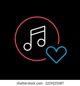 Musical note on black background icon and favorite, like, love, care symbol. Like music icon. Musical note icon, music icon with heart sign.