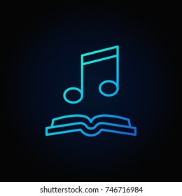 Musical note with open book blue icon. Vector audio-book concept outline symbol or logo element on dark background