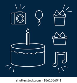 conjunto de notas musicales e iconos de partido sobre fondo azul, estilo de línea, ilustración vectorial