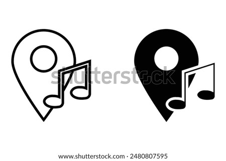 musical note with pin map location  icon sets. for your web site design, logo, app, UI Vector design. User icon, silhouette isolated on white background.