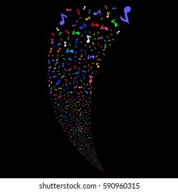 Musical Note random fireworks stream. Vector illustration style is flat bright multicolored iconic symbols on a black background. Object fountain created from scattered design elements.