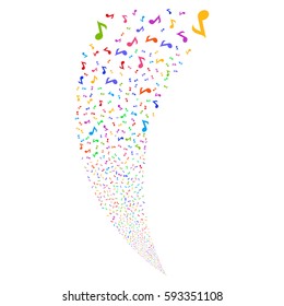 Musical Note random fireworks stream. Vector illustration style is flat bright multicolored iconic symbols on a white background. Object fountain created from scattered icons.