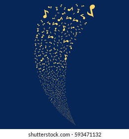 Musical Note random fireworks stream. Vector illustration style is flat yellow iconic symbols on a blue background. Object fountain done from scattered pictographs.