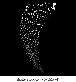 Musical Note random fireworks stream. Vector illustration style is flat white iconic symbols on a black background. Object fountain made from scattered design elements.