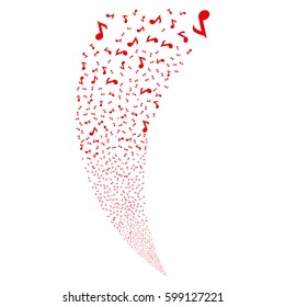 Musical Note random fireworks stream. Vector illustration style is flat red iconic symbols on a white background. Object fountain created from scattered symbols.