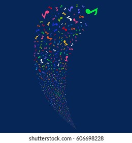 Musical Note random fireworks stream. Vector illustration style is flat bright multicolored iconic symbols on a blue background. Object fountain created from scattered pictographs.