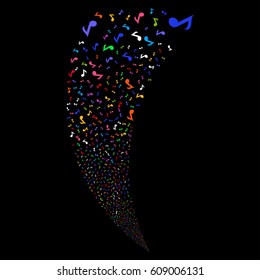Musical Note random fireworks stream. Vector illustration style is flat bright multicolored iconic symbols on a black background. Object fountain constructed from scattered pictograms.