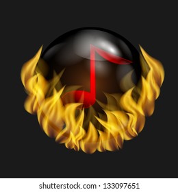 musical note of red color in a sphere and fire