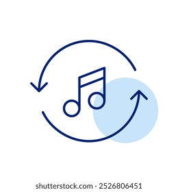 Nota musical em setas de atualização. Reprodução contínua, renovar áudio. Ícone de vetor perfeito de pixel
