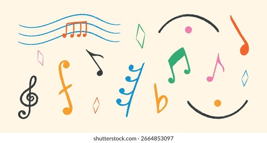 Musical Note set. Hand drawn crayon texture. Doodle music Icons. Сolor chalk elements, wax crayons shapes for school poster, disco, punk rock party. Flat isolated children vector illustration. 
