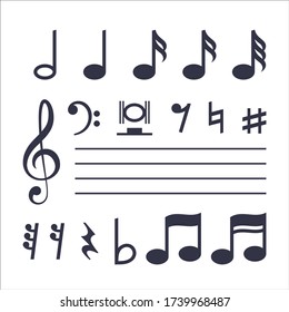 Musical Note Set pack Icons, isolated on white background.