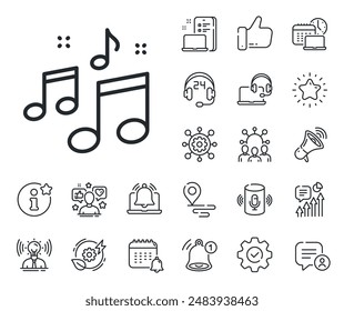 Musikalisches Notenzeichen. Platzieren Sie die Symbole für Position, Technologie und intelligente Lautsprecherkonturen. Symbol für die Musikzeile. Audio-Soundsymbol In: Music Line Sign. Influencer, brande Botschafter-Ikone. Support, Online-Angebot. Vektorgrafik