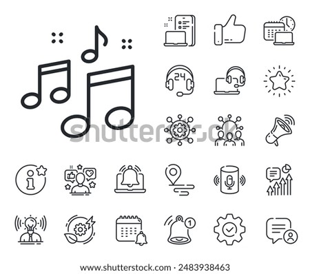 Musical note sign. Place location, technology and smart speaker outline icons. Music line icon. Audio sound symbol. Music line sign. Influencer, brand ambassador icon. Support, online offer. Vector