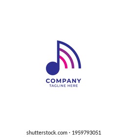 Musical note with signal wave vector illustration. Music and Frequency logo concept. Dark blue pink and purple color gradient. Vector illustration isolated on white color background.