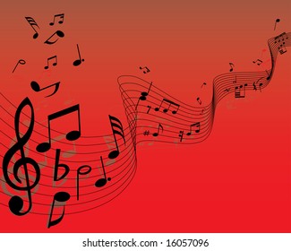 Musical note staff on the red background