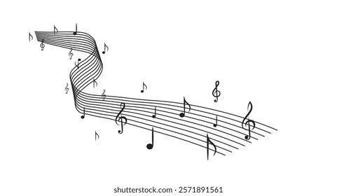 Musical note. Staff treble clef notes musician concept vector isolated on transparent background. Illustration of music sound, tune bass treble