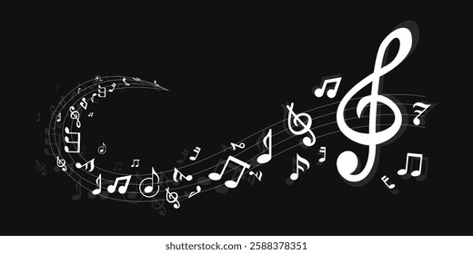 Musical note. Staff treble clef notes musician concept vector isolated on transparent background. Illustration of music sound, tune bass treble 