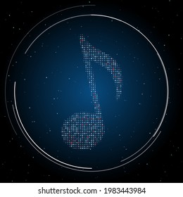El símbolo musical de nota lleno de puntos blancos. Estilo de puntillismo. Algunos puntos son rojos. Ilustración vectorial sobre fondo azul con estrellas