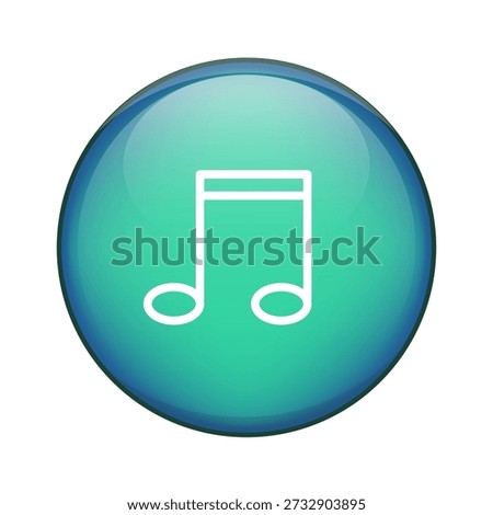 Musical note symbol. Sound melody icon. Music element Vector sign. Cyan glossy button.