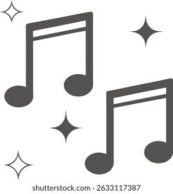 Musical note symbols with sparkling stars on a white background design