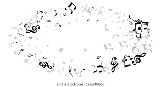 Musical note symbols vector backdrop. Sound composition signs explosion. Festival music concept. Vintage note symbols silhouettes with pause. Birthday card backdrop.