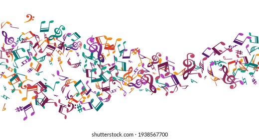 Musical note symbols vector backdrop. Melody notation signs scatter. Classic music pattern. Grunge note symbols silhouettes with bass clef. Concert poster background.