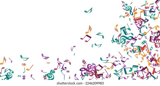 Musical note symbols vector backdrop. Sound composition signs explosion. Disco music pattern. Grunge note symbols signs with sharp. Party flyer background.