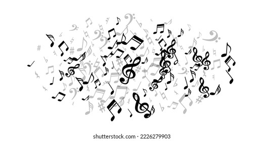 Símbolos de nota musical fondo vectorial. Señales de notación sinfónica girando. Ilustración musical clásica. Símbolos de nota retro con signos planos. Fondo de la portada del álbum.