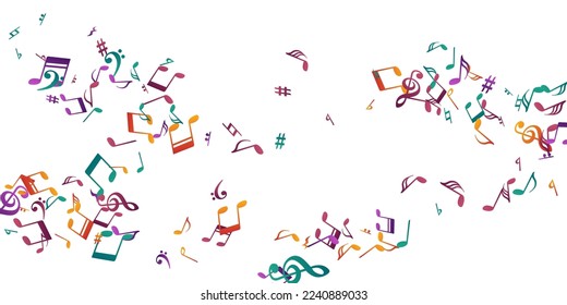 Musical note symbols vector background. Audio recording elements explosion. Party music wallpaper. Doodle note symbols signs with pause. Birthday card graphic design.