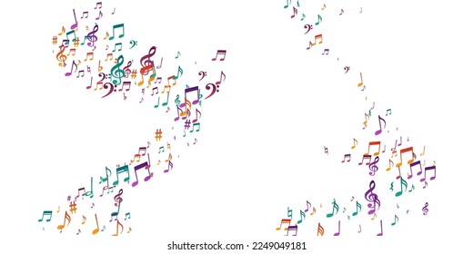 Musical note symbols vector background. Melody recording elements explosion. Dance music wallpaper. Creative note symbols signs with sharp. Party flyer graphic design.