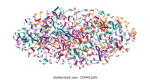 Musical note symbols vector design. Song notation elements scatter. Party music wallpaper. Funky note symbols elements with bass clef. Birthday card background.