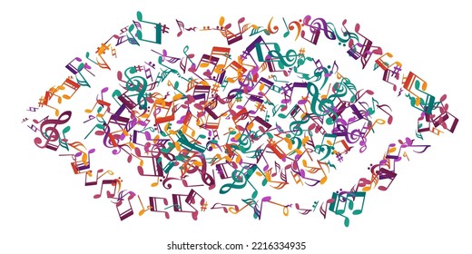 Symbole für musikalische Noten, Vektordesign. Melodie Schreibzeichen wirbeln. Musikmuster der Diskothek. Die Silhouetten der Doodle-Noten mit dem Dreifach-Klappen. Banner-Hintergrund.