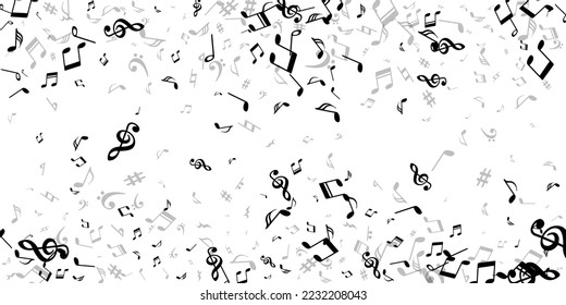 Musical note symbols vector illustration. Melody notation elements placer. Festival music wallpaper. Doodle note symbols silhouettes with pause. Banner graphic design.