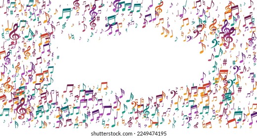Symbole für musikalische Notizen, Vektorgrafik. Symphonische Notenelemente wirbeln. Party-Musikhintergrund. Abstrakte Notensymbole mit scharfem Hintergrund. Geburtstagskarte, Hintergrund.