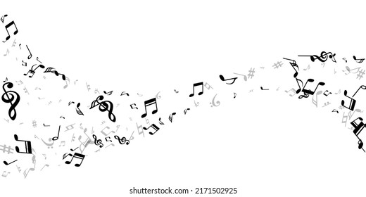 Musical note symbols vector wallpaper. Sound composition elements swirling. Radio music illustration. Doodle note symbols silhouettes with pause. Concert poster backdrop.