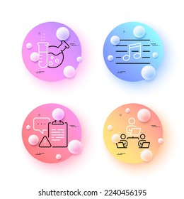 Musical note, Teamwork and Chemistry lab minimal line icons. 3d spheres or balls buttons. Clipboard icons. For web, application, printing. Music, Remote work, Laboratory. Caution document. Vector