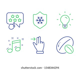 Musical note, Touchscreen gesture and Ranking star line icons set. Light bulb, Clean skin and Soy nut signs. Music, Slide right, Click rank. Lamp energy. Line musical note outline icons. Vector