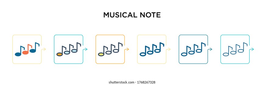 Musikalische Note Vektorsymbol in 6 verschiedenen modernen Stilen. Schwarze, zweifarbige Notensymbole, die in voller Umriss-, Linien- und Strichform entworfen wurden. Vektorgrafik kann für Web, Mobile, i