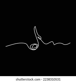 Musical note, vector. One line drawing. Hand drawing. Abstract musical note. Handwriting musical note. White graphic on black background. Minimal design. 