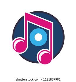 Musical note with vinyl disk emblem logo design template. Music icon vector illustration isolated on white background
