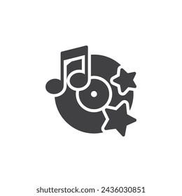 Nota musical y vinilo con estrellas icono vectorial. signo plano relleno para concepto móvil y diseño web. Icono de glifo del Festival de Música. Símbolo de fiesta Disco, ilustración de logotipo. Gráficos vectoriales