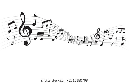 Design de onda de notas musicais. Fundo de melodia de nota musical. Ilustração vetorial